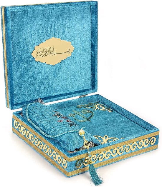 islamitische fluwelen geschenkdoos, 4-delige luxe set bekleed met elegant koranfluweel en Tesbih gebedskralen en gebedkleed, petroleum