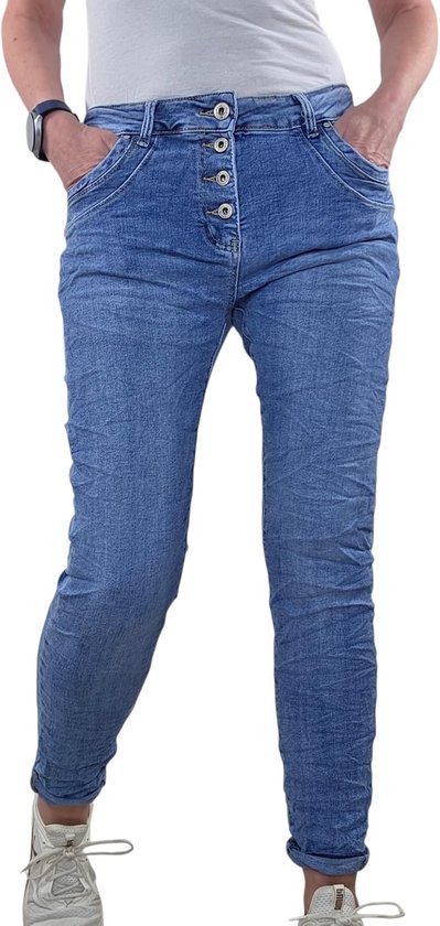 Jewelly Stretchjeans, damesbroek, baggy boyfriendsnit, decoratieve knoopsluiting, perfecte pasvorm