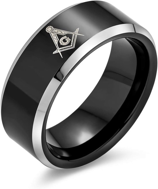 Jewelry lasergeëtste vierkant & kompas vrijmetselaar Masonic zwarte band wolfraam ringen voor heren comfort Fit 8 MM