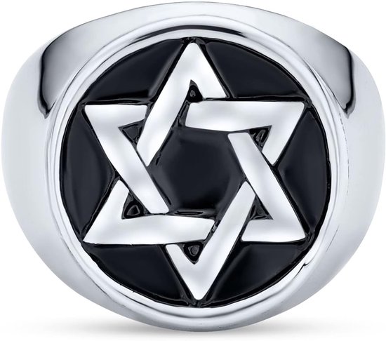 Jewelry Personaliseer grote verklaring grote religieuze Magen Judaïsche Joodse Chanoeka Ster van David voor mannen voor Bar Mitswah ronde zegelband ring voor mannen geoxideerd zilverkleurig roestvrij staal