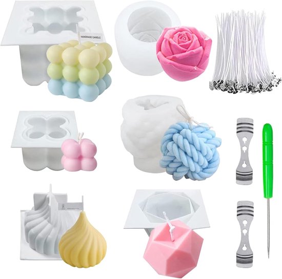 kaarsenmaakset met siliconen vormen, 15-delige kaarsgietvorm set voor Bubble- & Rubik's Cube kaarsen, incl. lonten, houders en accessoires voor handgemaakte geurkaarsen, wit/meerkleurig