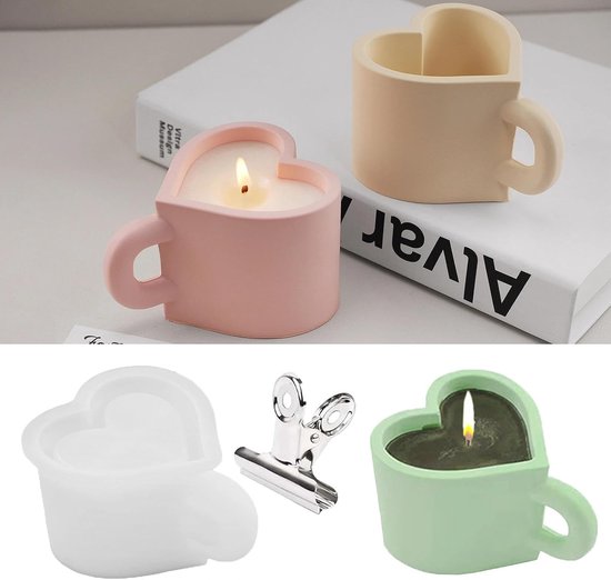 Kaarsenset, 3D-siliconen vormen voor kaarsen met 1 clip, liefdesbekervorm, gemakkelijk te demonteren, doe-het-zelf cadeau voor Kerstmis, jubileum, decoratie (C)
