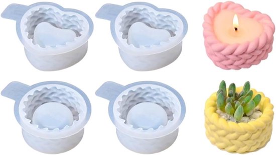 Kaarsvorm, set van 4 vormen (2 rond en 2 hart) met 3D-gevlochten textuur, voor het maken van kaarsen, betonvazen en harsobjecten