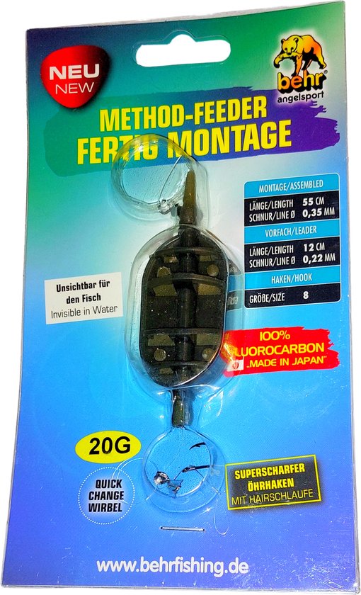 Kant-en-Klare Method Feedermontage: 20 Gram Onderlijn 12 cm 22/00 Feederhaak 8 Voorslag 55 cm 35/00 van Merkloos