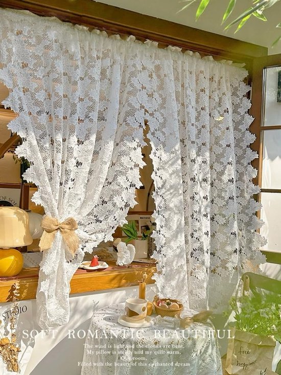 kant kort decoratief gordijn gordijn kant vitrage bistrogordijn bloemen vintage, raamgordijnen romantisch voor keuken cafés woonkamer wit (B x H 120x90cm) 1 stuk
