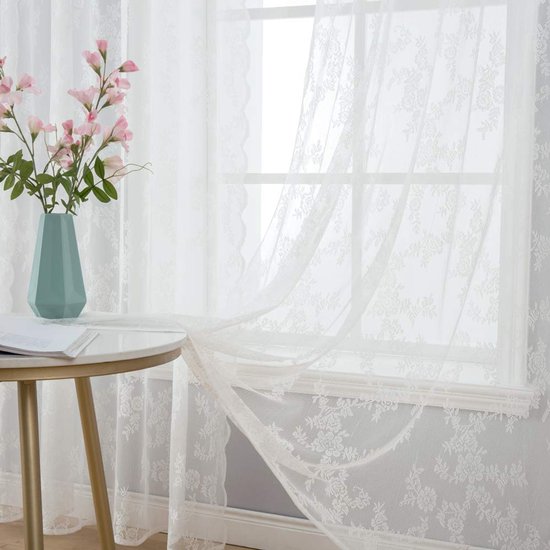 Kanten gordijn, transparant, geborduurd, bloemenpatroon, met golvende randen, gordijnen met bloemenmotief, filtergordijnen voor slaapkamer, woonkamer, 2 x 150 x 245 cm