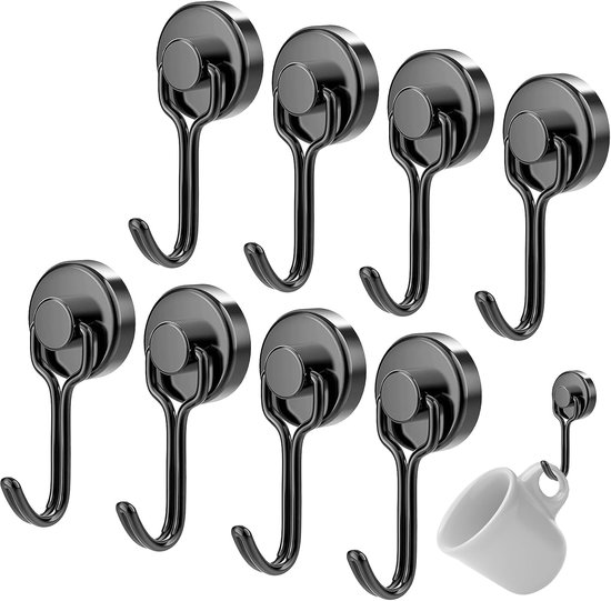 KARELLS 8pcs Black Magnetic Hooks 5kg Magnetic Hooks Black Extra Strong 16mm Rotating Swing, Neodymium Magnet Hooks - ShopVlot