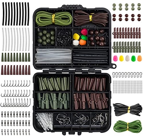Karpervisset 219-delig - Opvouwbare hengelsport kit met haken, wervels, lood en rig accessoires - Groen/bruin