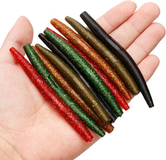 KARZO - 30 stuks Wacky Worm Soft Lures, 10cm Zeebaars Lures Rubber Stick Bait 5 Kleuren Zeebaars Lures Zachte Plastic Stick Worm Voor Zeebaars Zoetwater Zoutwater Vissen van Merkloos
