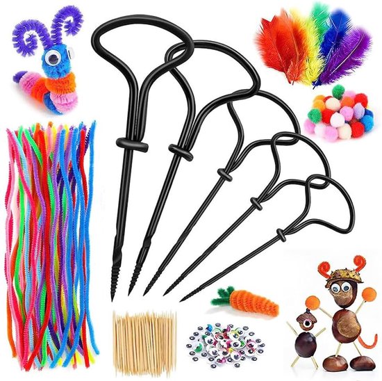 Kastanjeboor voor kinderen, 1,5 - 5 mm, knutselset herfst, 257-delige kastanje-knutselset, doe-het-zelfset, herfstdecoratie, knutselaccessoires met tandenstokers, veren, wiebelogen, pompons,