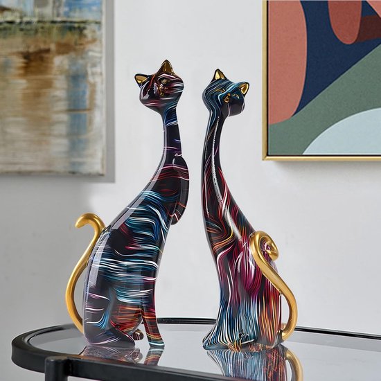 Kattenbeeld van hars voor kattenliefhebbers, perfecte decoratie voor thuis en op kantoor (graffiti) (blauw + geel)