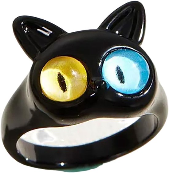 Kattenogen geel-blauwe ring vingerring dier kater huisdier zwart - origineel modesieraad I vingerring met motief I verstelbaar één maat, ab 16mm, Metaal