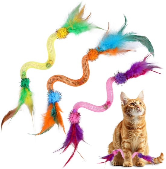 kattenspeelgoed, 3 stuks, kattenspeelgoed, spiraal, kattenspeelgoed voor katten, wiebelbal, kattenspeelgoed, ballen met kattenmunt, veren, belletjes