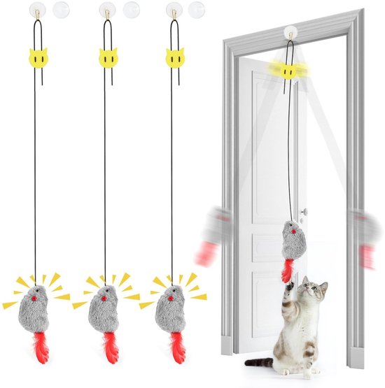 Kattenspeelgoed, 4 stuks, grijs, interactief speelgoed voor katten, hangende muizen met piepgeluid en veerstaart voor het spelen en trainen van je kat