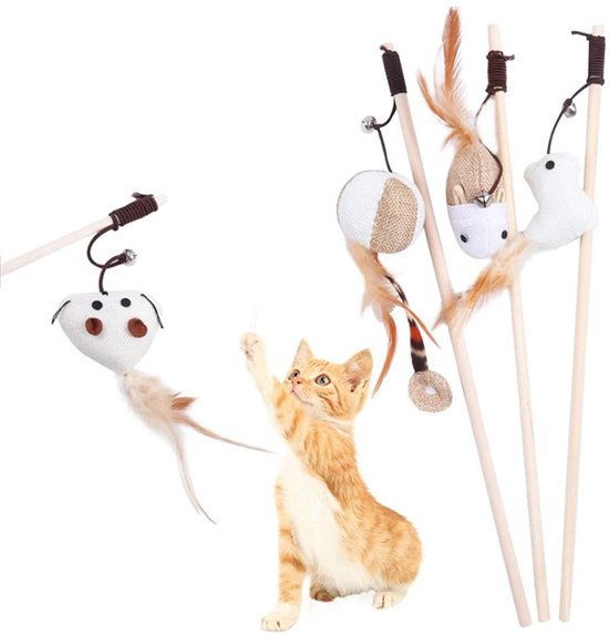 Kattenspeelgoed staaf 4 stuks katten hengel kattenspeelgoed veer interactief kattenspeelgoed set intrekbare kunstmatige veerstaaf kat speelgoed kattenhengel vervanging met klokken