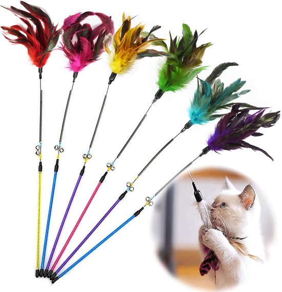 Kattenspeelgoed veer kat speelgoed veer toverstaf kat huisdier speelgoed draad jager staf teaser veer met bel, kattenspeelgoed voor binnen katten kitten interactieve training (6 stuks)