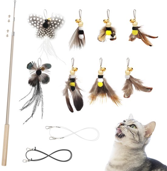 Kattenveer Hengel - 9-delige set insectvormige kattenveerspeeltjes, 1 uitschuifbare stok en 8 verenvullingen met belletjes, interactief speelgoed voor katten voor binnenshuis om te spelen en