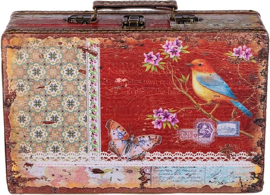 KD 1290 koffer, kofferset, houten kist Vintage look, schatkist, kist, piratenkist maat L rood 31 cm