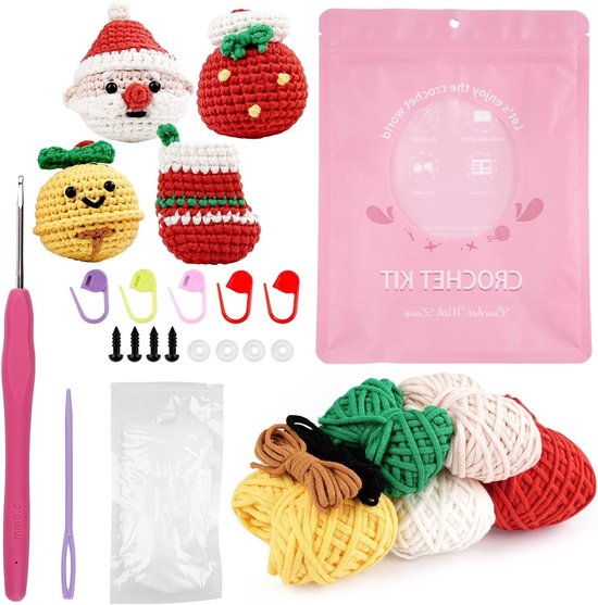 Kerst haakset voor beginners met stap-voor-stap video tutorials, inclusief benodigdheden voor bellen, sneeuwmannen, cadeauzakken en kerstkousen