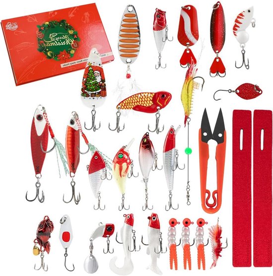Kerst Vissen Kalender - Aftelkalender Visser - Vangst Verbeteren - 24 Delige Set - 35 x 23 x 4 cm