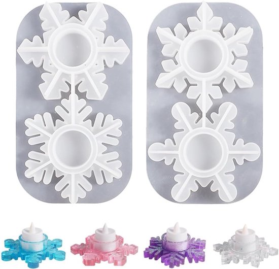 Kerstmis, 2 stuks sneeuwvlokken siliconen kaarsenhouders, 4 stijlen epoxyhars gietvormen voor doe-het-zelf kerstkaarsen decoratie