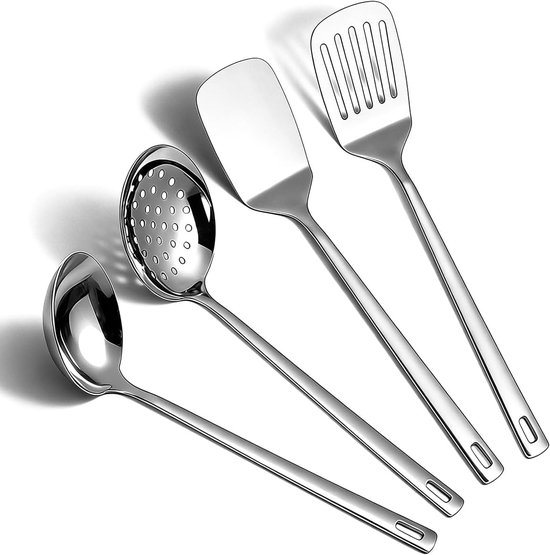 keukengerei, 4-delig, sleufdraaier, solide spatel, schuimspaan en pollepel, roestbestendig, lange steel, ophanglus, vaatwasmachinebestendig, dagelijks koken en serveren