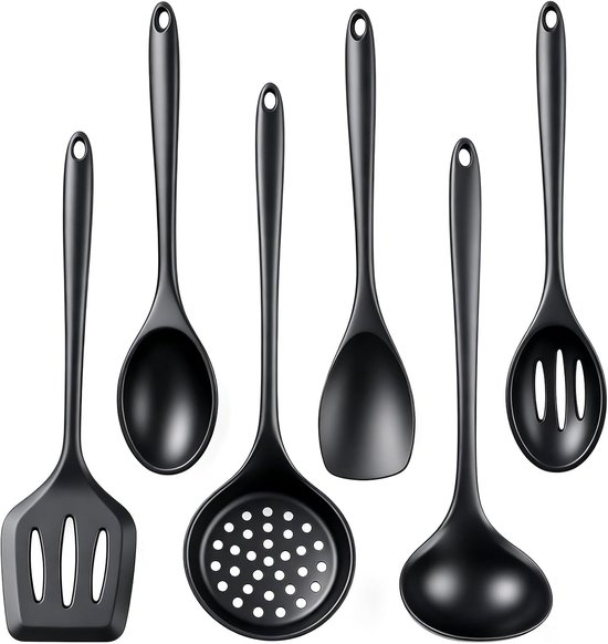 keukengerei, 6-delige set keukengerei, hittebestendig, anti-aanbaklaag, keukengerei van siliconen voor koken, roeren en serveren (zwart)