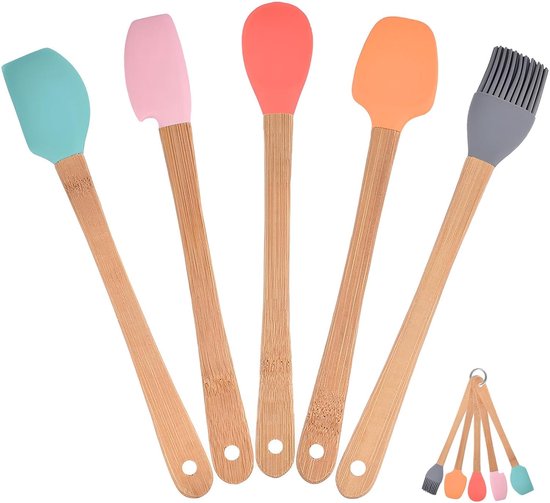 Keukengerei met Siliconen Spatel, Kooklepel, Borstel, Keukengerei Set Gebruiksvoorwerp Set met Siliconen Schraper Mini Spatel voor Mengen Koken Bakken 5 Stuks