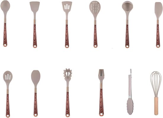 Keukengerei Set, 12 stuks Kookgerei Set Siliconen Spatel Set Keukengadgets en Gereedschappen met Opbergdoos Houten Handvat Siliconen Keukengerei