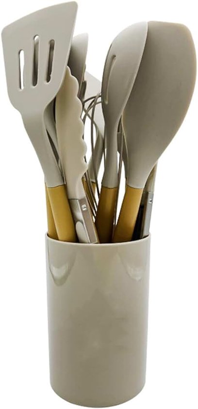 Keukengerei Set 12 Stuks Siliconen Kookgerei Set met Houten Handvat (Vaatwasserbestendig) 392°F Hittebestendige Spatelset, Antiaanbak Kookgerei, Beste Keuken,Khaki color