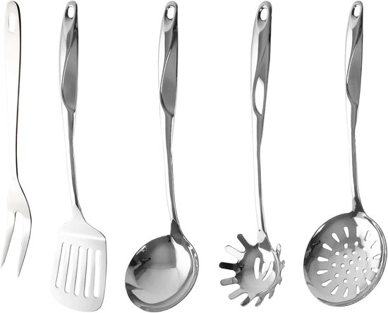 Keukengerei Set 5 Stuks, Keuken gadgets Keuken Essentials, Keuken Skimmer, Soep Pollepel, Pastaspatel, Spatel en Vork