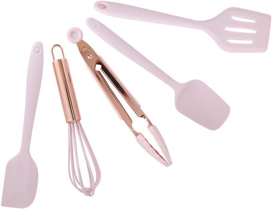 Keukengerei Set Kookgereedschap voor Thuis Keuken Bakken Non-Stick Spatel Schraper Eiklopper Roze, 5 stks
