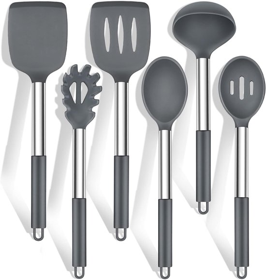 Keukenhulpset, 6 stuks, siliconen keukengerei, kooklepelset met roestvrijstalen handgreep, anti-aanbaklaag, hittebestendig kookgereiset, gemakkelijk te reinigen en vaatwasmachinebestendig