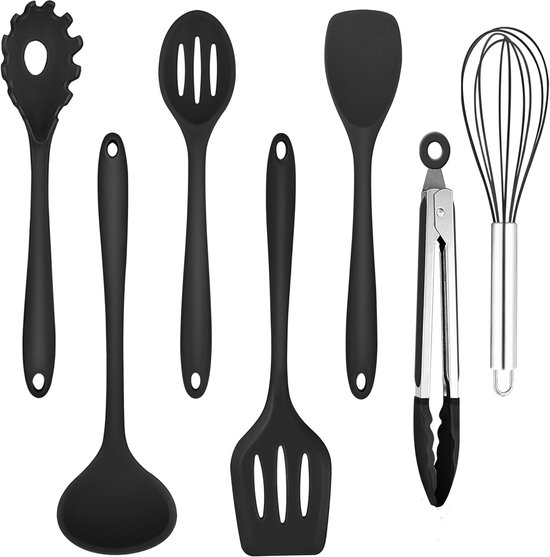 Keukenhulpset, 7-delige zwarte siliconen keukengerei set - Anti-aanbakkookbestek, hittebestendig kookgerei met spatel voor koken, bakken, gezond, vaatwasmachinebestendig
