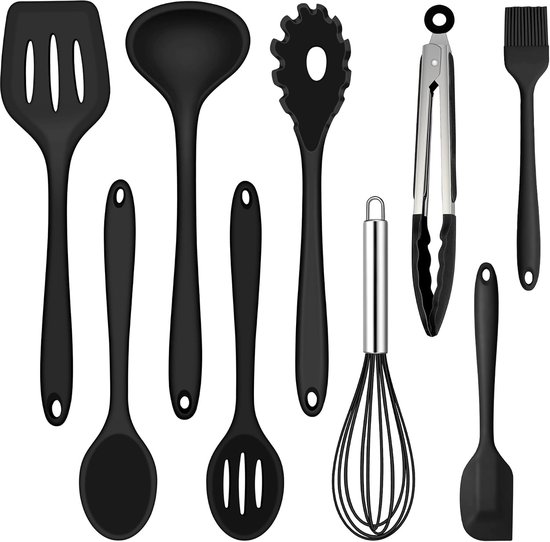 Keukenhulpset, 9 stuks, zwart, siliconen keukengerei, hittebestendig kookgerei, kookgerei set met spatel, garde, grilltang, anti-aanbak, kookbestek voor koken en bakken
