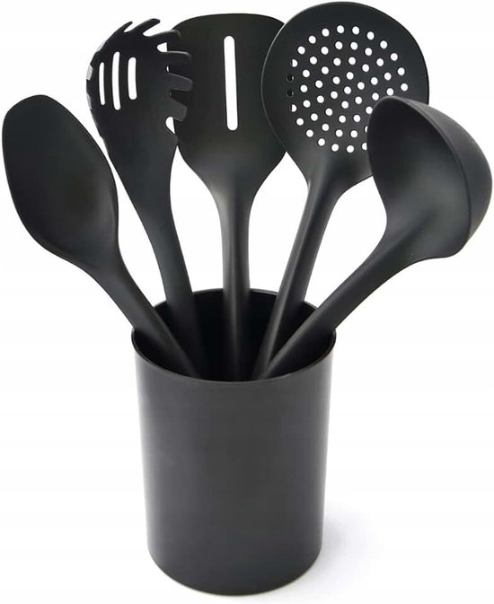 Keukenhulpset van nylon, keukengerei, kookgerei, kookset, spatel, pannenkoeken, spatel, lepel, scheplepel, vork, pasta, lepel, houder, zwart, 5 delen