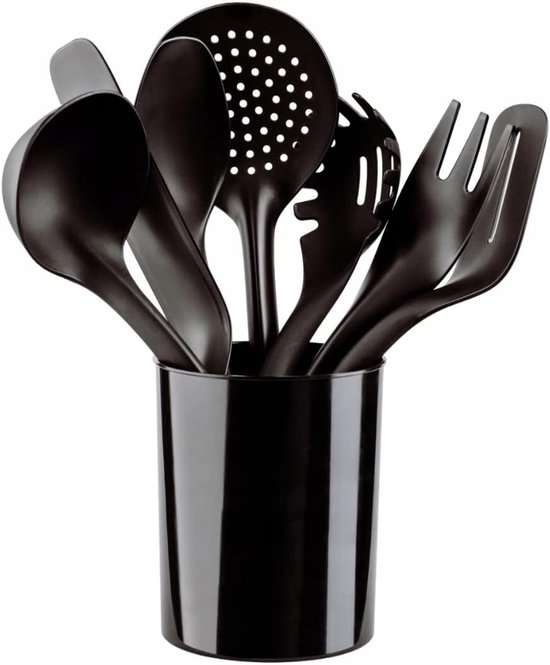 Keukenhulpset van nylon, keukengerei, kookgerei, kookset, spatel, pannenkoeken, spatel, lepel, scheplepel, vork, pasta, lepel, houder, zwart, 7 delen