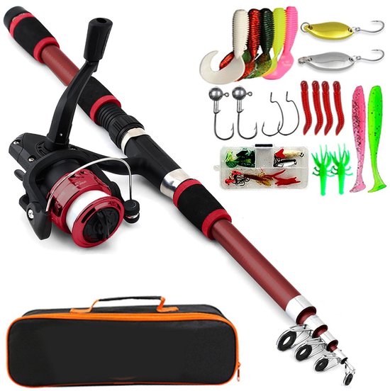 Kinder Vishengel - Hengelset - 1.8m Telescopisch - Met Opbergrol en Accessoires - Draagbare Telescopische Hengel - Vishengel Set voor Kinder - Veilig Speelgoed - Voor Jongens en Meisjes - Rood - Zumolir®