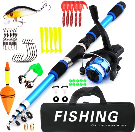 Kinderhengel met telescopische uitschuifbare hengel en molen - Blauw van Merkloos