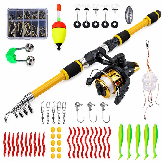 Kinderhengel Set - Telescopische Vishengel - Met werpmolen en Draagtas - Visset voor Beginners en Kinderen - Hengelsport Cadeau voor Jongens en Meisjes - Geel