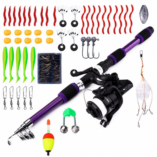 Kinderhengel Set - Telescopische Vishengel - Met werpmolen en Draagtas - Visset voor Beginners en Kinderen - Hengelsport Cadeau voor Jongens en Meisjes - Paars