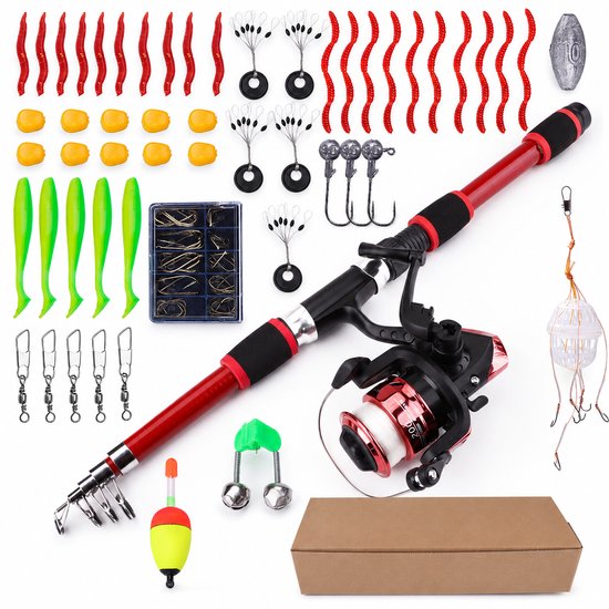 Kinderhengel Set - Telescopische Vishengel - Met werpmolen en Draagtas - Visset voor Beginners en Kinderen - Hengelsport Cadeau voor Jongens en Meisjes - Rood