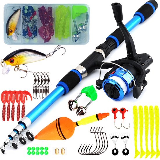 Kindervishengel - 1,8 m kinderhengelset - Hengelset - Telescopische - Met vismolen en ingrediënten - Blauw