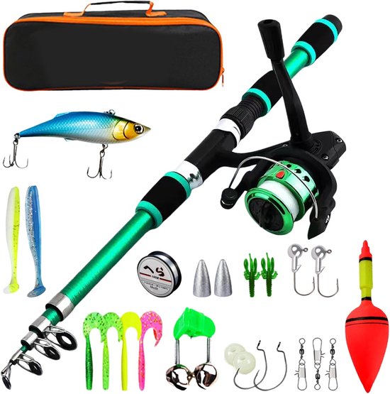 Kindervishengel -Visset voor kinderen - Hengelset -startersset - Vishengel set voor kinder -1,8 m telescopisch - Hengel met molen en aas - Telescopische hengel van koolstofvezel en molen - Visaccessoires - voor kinderen van 3 tot 10 jaar