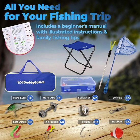 Kindervisstok - telescopische stang & haspel combo met inklapbare stoel, hengelhouder, tackle box, aasnet en draagtas voor jongens en meisjes - blauw, 5 van Merkloos