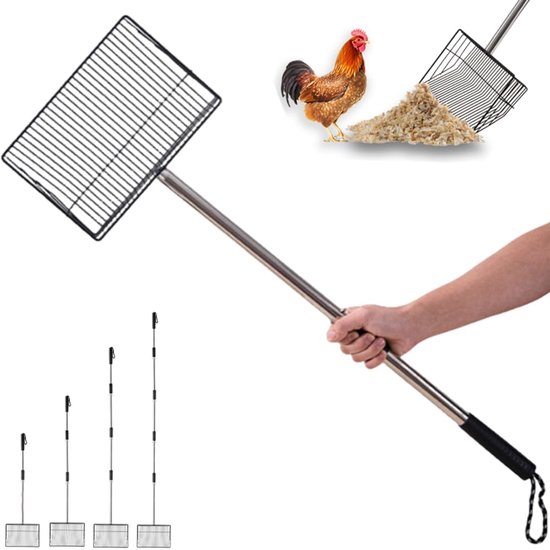 Kippenpoepschep extra breed 25cm, lengte: 170cm, kippenhok harkkenschep accessoires kippenpoepschep met 7mm fijnmazige zeef kippenhokschep voor zand