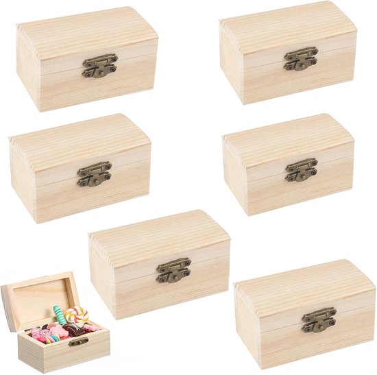 Kist Klein, 6 Stuks Schatkist Kist, Mini Schatkist van Hout, Rechthoekige Houten Schatkist, DIY Kleine Houten Kist met Deksel, Geschikt Voor Bewaren en Decoreren