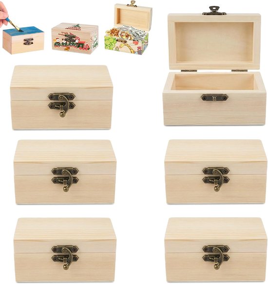 kist klein met deksel, 6 stuks mini-schatkist van hout, 9 x 5,5 x 5 cm, om te beschilderen en te knutselen