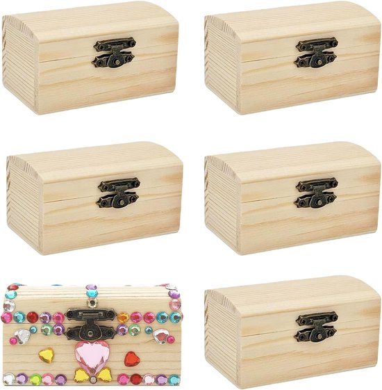 kist klein, set van 6 stuks houten sieradenkistjes, kleine houten schatkist, rechthoekige houten kist, schatkist met deksel, voor knutselwerk, verjaardagsfeesten en doe-het-zelf