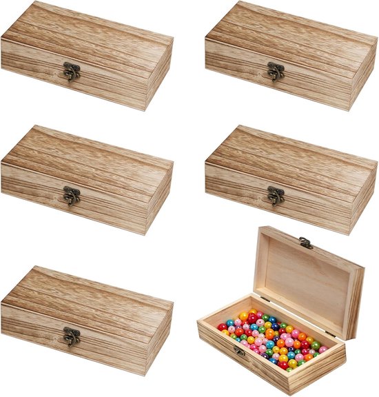 kist met deksel, 20 x 10 x 5 cm, 6 stuks, kleine houten dozen met deksel om te beschilderen, schatkist, hout, natuur, rechthoekig, voor doe-het-zelf knutselen, opbergdoos